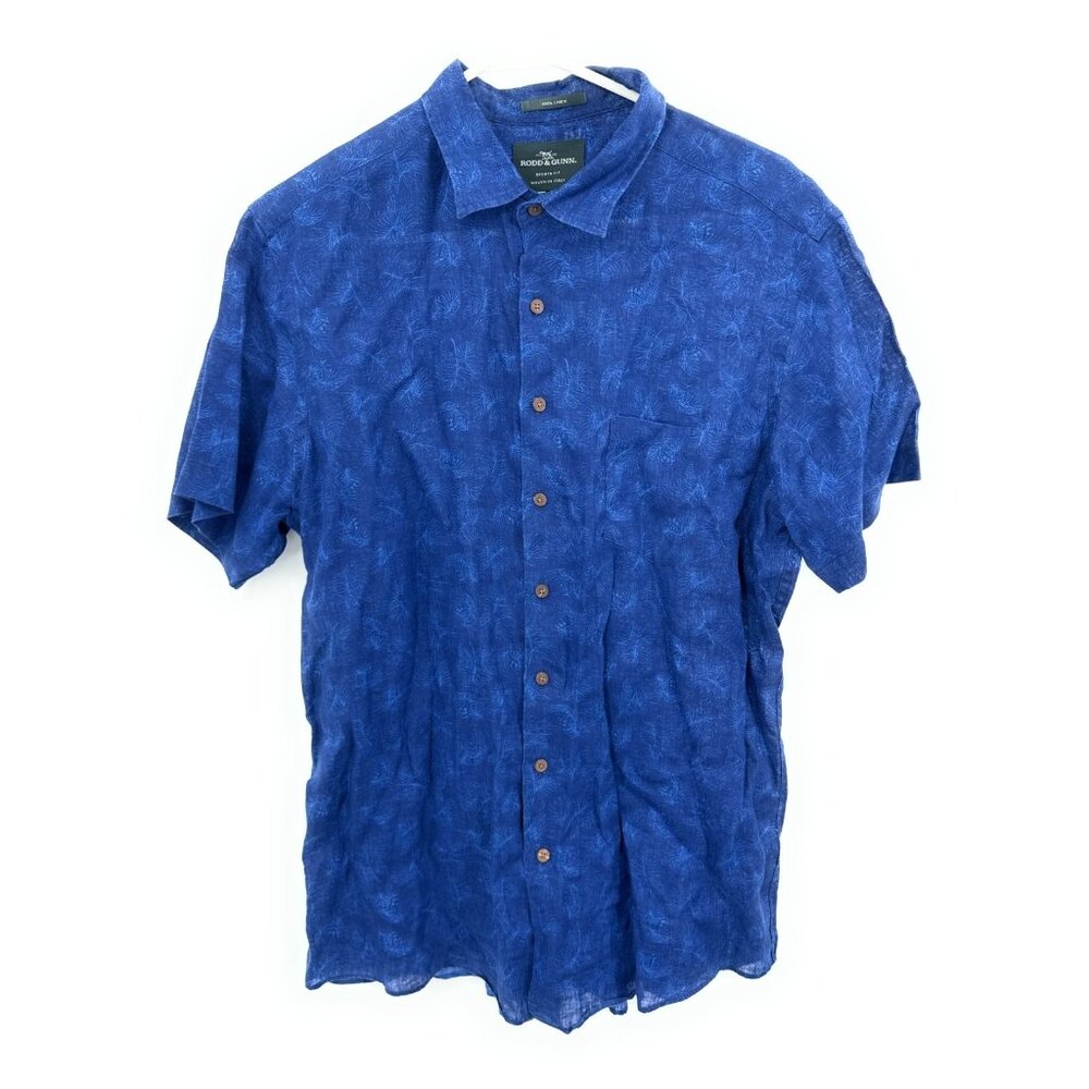 Rodd & Gunn 100% Linen Men's Shirt‎ Size XL Button Up Short Sleeve Leaves Blue